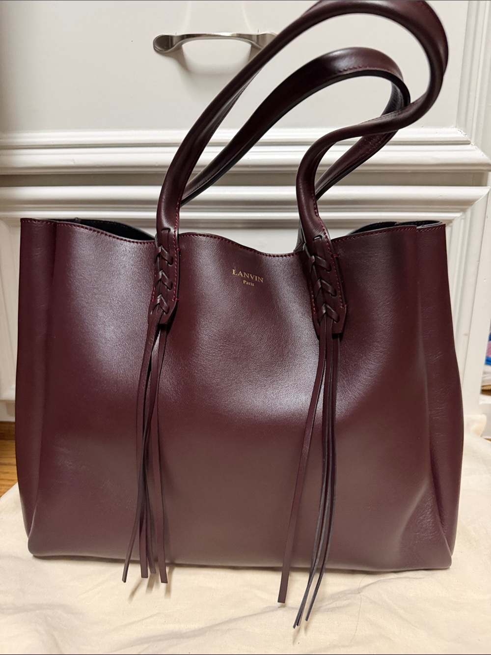 Lanvin Burgundy Leather Tote with Braided Straps and Tassels